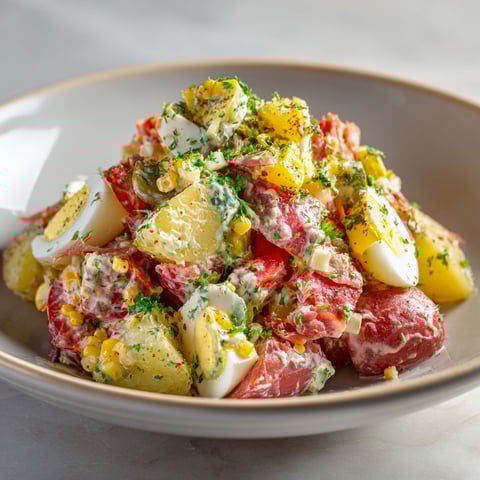 Une salade de pommes de terre et de légumes, servie dans un bol en porcelaine, est un plat délicieux et coloré qui ne quittera plus vos tables.