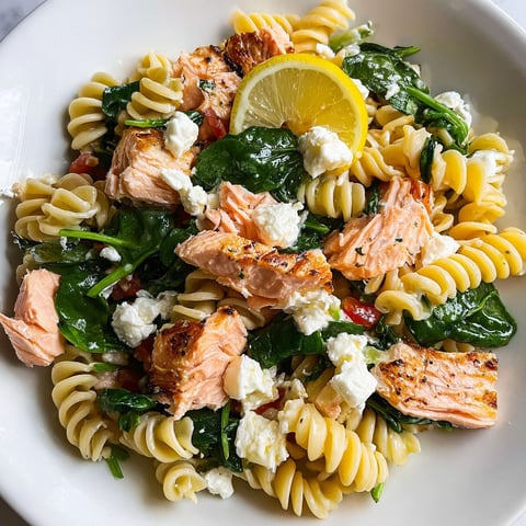 Une salade de pâtes au saumon, épinards et citron est servie sur un plateau.