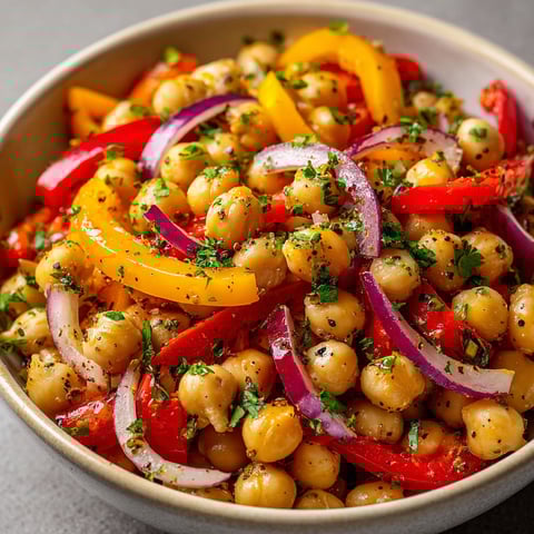 Une salade de pois chiches à la méditerranéenne, composée de légumes frais et de pois chiches, est servie dans un bol.