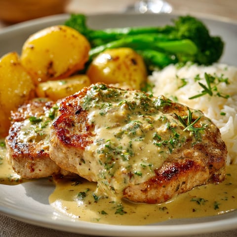Un escalope de porc à la sauce moutarde est servi sur un plateau avec des légumes verts et des pommes de terre.