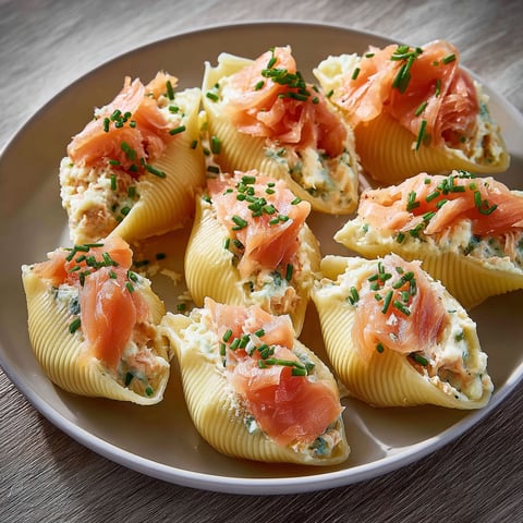 Une plaque contenant des conchiglioni farcis au saumon et mascarpone.