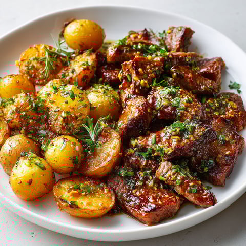 Une assiette de bœuf rôti aux pommes de terre et herbes, accompagnée de légumes verts.