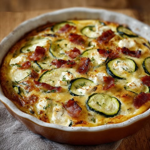 Un plat de clafoutis salé avec des courgettes, lardons et chèvre frais.