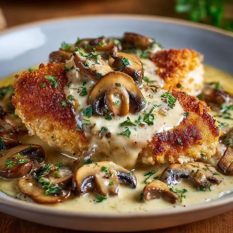 Une recette de poulet doré et croustillant, sauce aux champignons et parmesan, est servie sur un plateau.