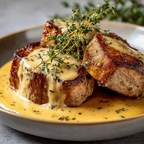 Un filet de porc rôti avec une sauce crémeuse au thym.