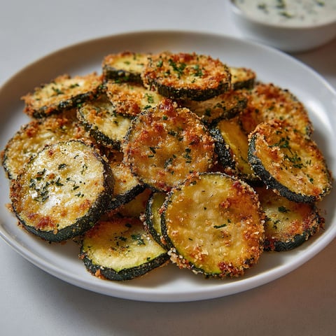 Une plaque de chips de courgettes croustillantes au four, avec une sauce verte et une sauce blanche.