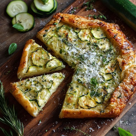 Une galette moelleuse de courgettes au Parmesan, servie sur un plateau de bois.