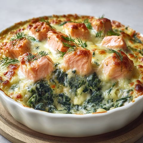 Un plat de saumon et épinards, également connu sous le nom de gratin de saumon et épinards, est présenté dans un bol sur un plateau.