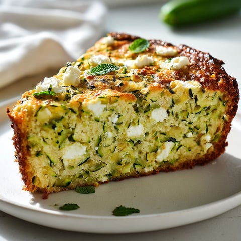 Une pièce de gâteau moelleux aux courgettes, feta et menthe est servie sur un plateau.
