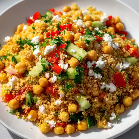 Une salade de couscous aux légumes et aux pois chiches, avec des légumes tels que des carottes et des poivrons, est servie sur un plateau.