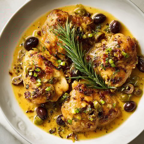 Une recette de poulet toscan est servie sur un plateau avec des olives et des herbes.