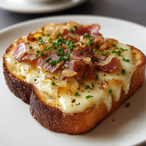 Une tranche de pain grillé avec du fromage, des lardons et des oignons grillés, accompagnée d'une tasse de café.