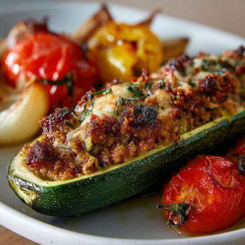 Une courgette farcie au veau et au parmesan, accompagnée de tomates et de légumes grillés.