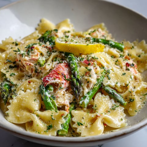 Une assiette de pâtes au crabe, au citron et aux asperges est servie sur une table.