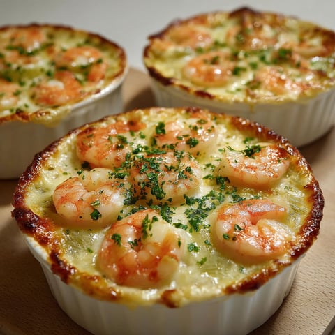 Cassolettes aux crevettes et poireaux avec une sauce crémeuse.