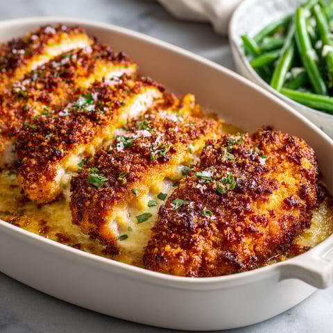Un poulet croustillant au fromage parmesan est servie dans un plat en verre.