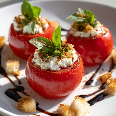 Une recette de tomate farcie à la strascicella est servie sur un plateau avec des crostini et des herbes fraîches.