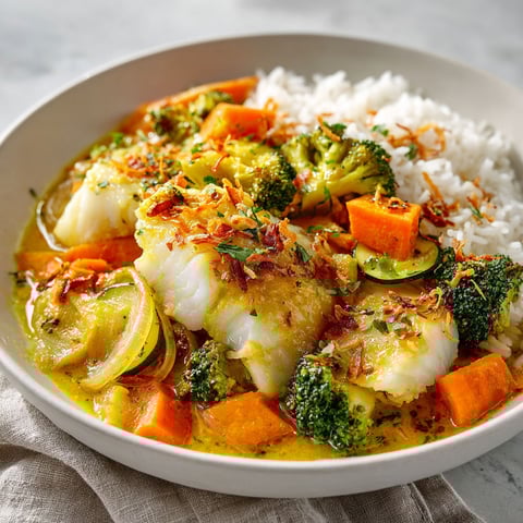 Un plat de Cari de poisson aux arachides, avec des légumes et des riz.