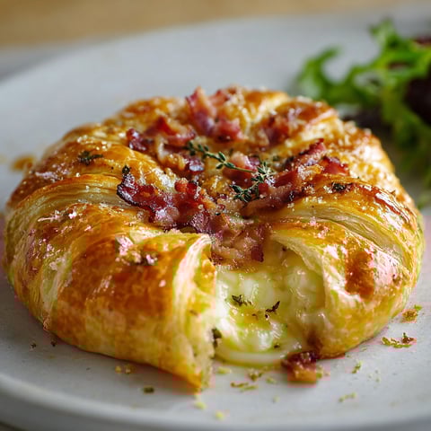Un Feuilleté Au Camembert Et Lardons est présenté sur un plateau.