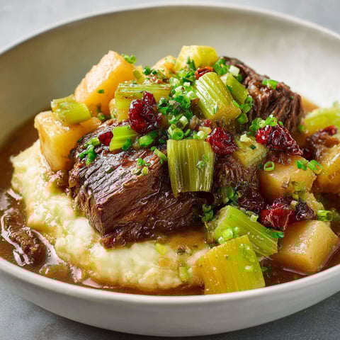 Une assiette de boeuf braisé aux deux céleris, accompagnée de légumes verts et de pommes de terre.