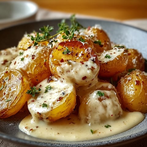 Une assiette de pommes de terre grenaille servies avec une sauce crémeuse à l'ail.