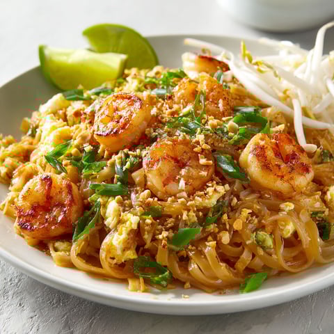 Une assiette de Pad thaï aux crevettes, avec des légumes verts et des noix de coco, est servie sur une table.