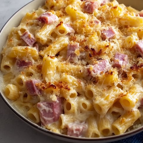 Une assiette de pâtes au jambon et au fromage, avec des morceaux de jambon et des pâtes ondulées.