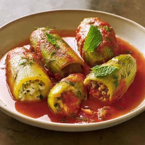 Plate of stuffed zucchini with tomato sauce.