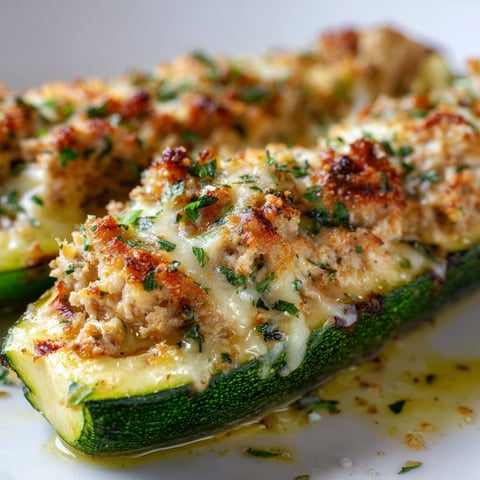Des courgettes farcies au thon et fromage fondant, servis sur une assiette blanche.