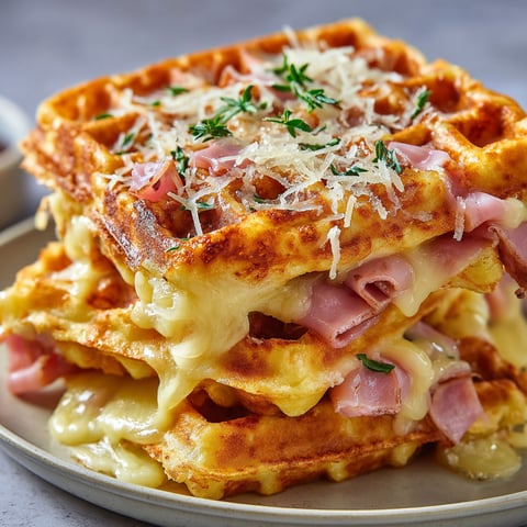 Une pile de gaufres jambon-fromage ultra fondantes sur un plateau.