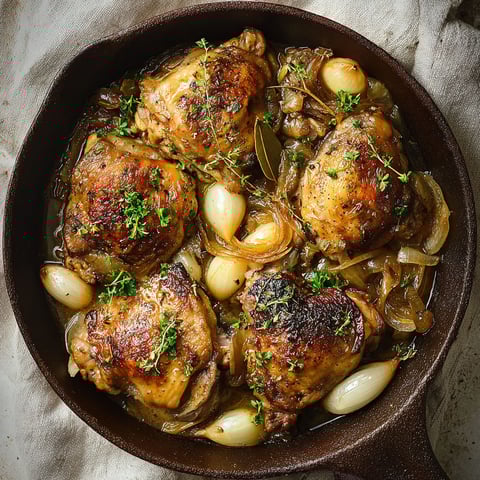 Des cuisses de poulet braisées avec des oignons et des ailes, dans un bol en fonte.
