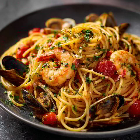 Une plate de spaghetti allo scoglio, avec des tomates, des moules et des fruits de mer, est servie sur une table.