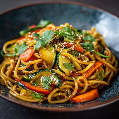 Une assiette de nouilles sautées aux légumes, y compris des carottes, des zucchini et des légumes verts, est servie sur une table noire.