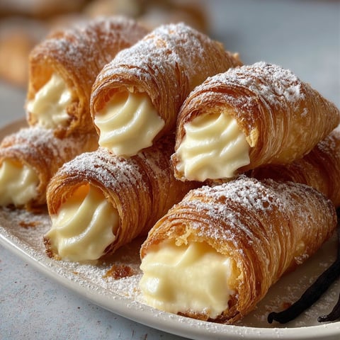 Une plaque de cornets de pâte feuilletée garnis de crème pâtissière.