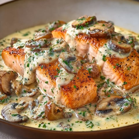 Saumon à la Crème, Ail, Champignons - Une assiette de saumon grillé avec des champignons et des herbes, servie dans un bol.