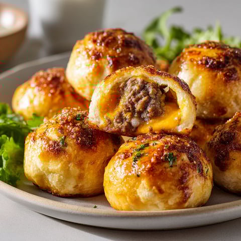 Plate of cheeseburger stuffed breads with parmesan and ail.