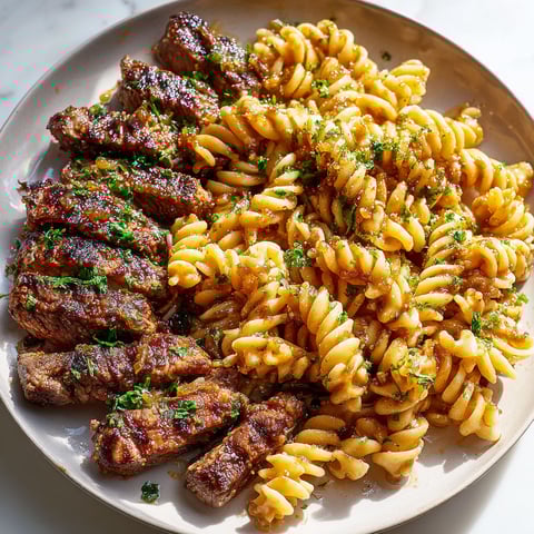 Steak et rotinis au miel et à l'ail sur un plateau.