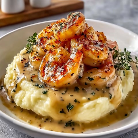 Une assiette de Crevettes à l'Ail Crémées sur Purée de Pommes de Terre.