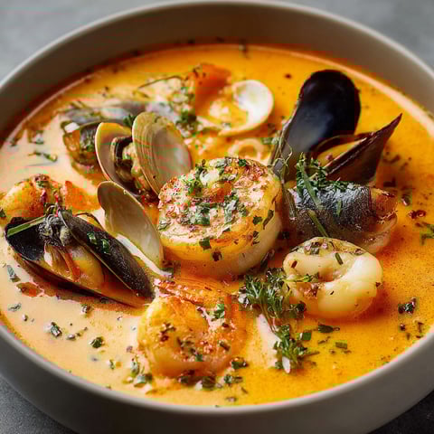 Une soupe crémeuse aux fruits de mer, composée de moules, de langoustines et de coquillages, est servie dans un bol.
