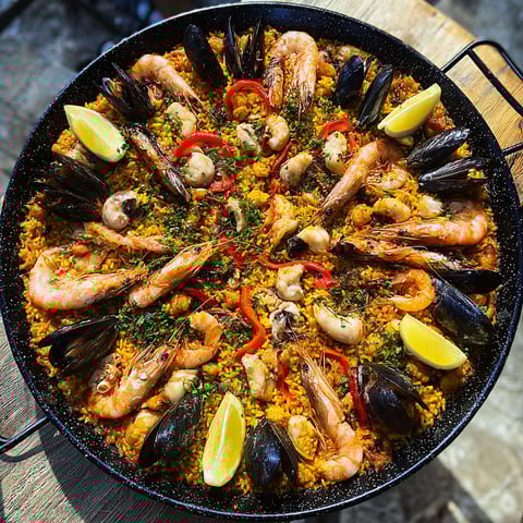 Une paella géante aux fruits de mer en plein air, composée de langoustines, de tomates, de poivrons et d'oignons, est servie sur un plateau en bois.