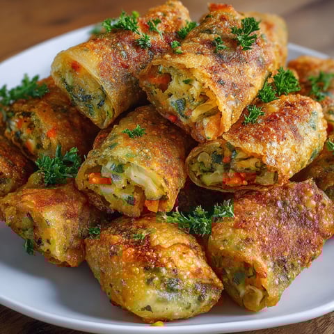 Une assiette de briouates croustillantes farcies aux légumes, servies sur un plateau.
