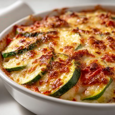 Un plat de gratin de courgettes au thon, avec des courgettes et du thon.