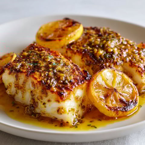 Poisson glacé à la moutarde, avec des citrons et des herbes.