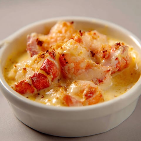 Une casserole de langoustines flambée au cognac dans un bol.