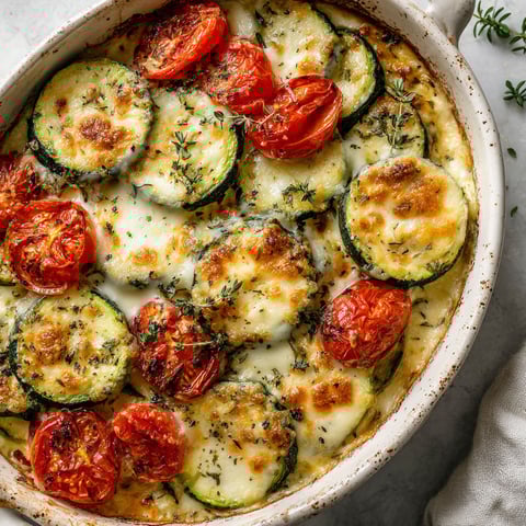 Une gratin de courgettes à la mozzarella, avec des tomates et des herbes, est servie dans un bol en terre.