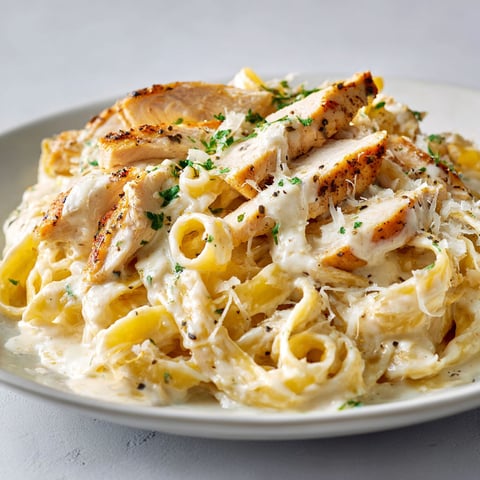Une plate de fettuccine Alfredo au poulet, avec des herbes et des noix de cacao, est servie sur une table.