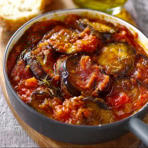Une casserole d'aubergines à la sauce tomate est servie sur une table.