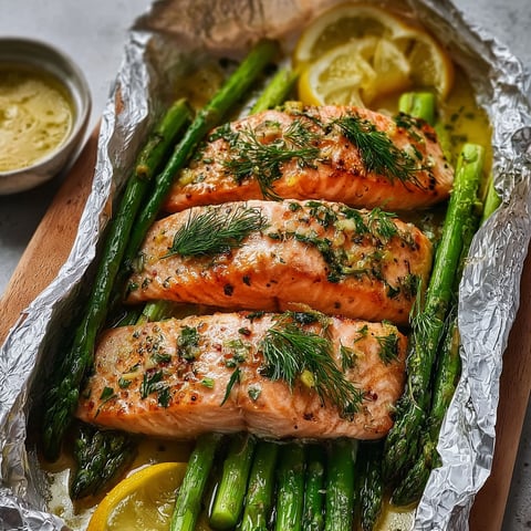 Saumon au four en papillote avec asperges (rapide et sain) - Saumon grillé avec des asperges et une sauce au citron.