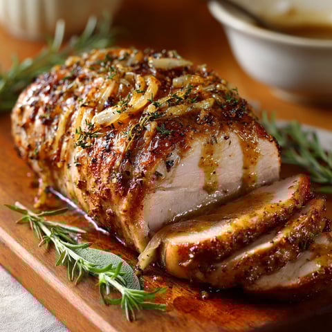 Un roti de porc avec des herbes et des épices, accompagné d'une sauce moutarde et de miel.