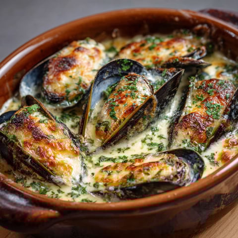 Une casserole de moules à la crème et au comté, servie dans un bol en terre cuite.